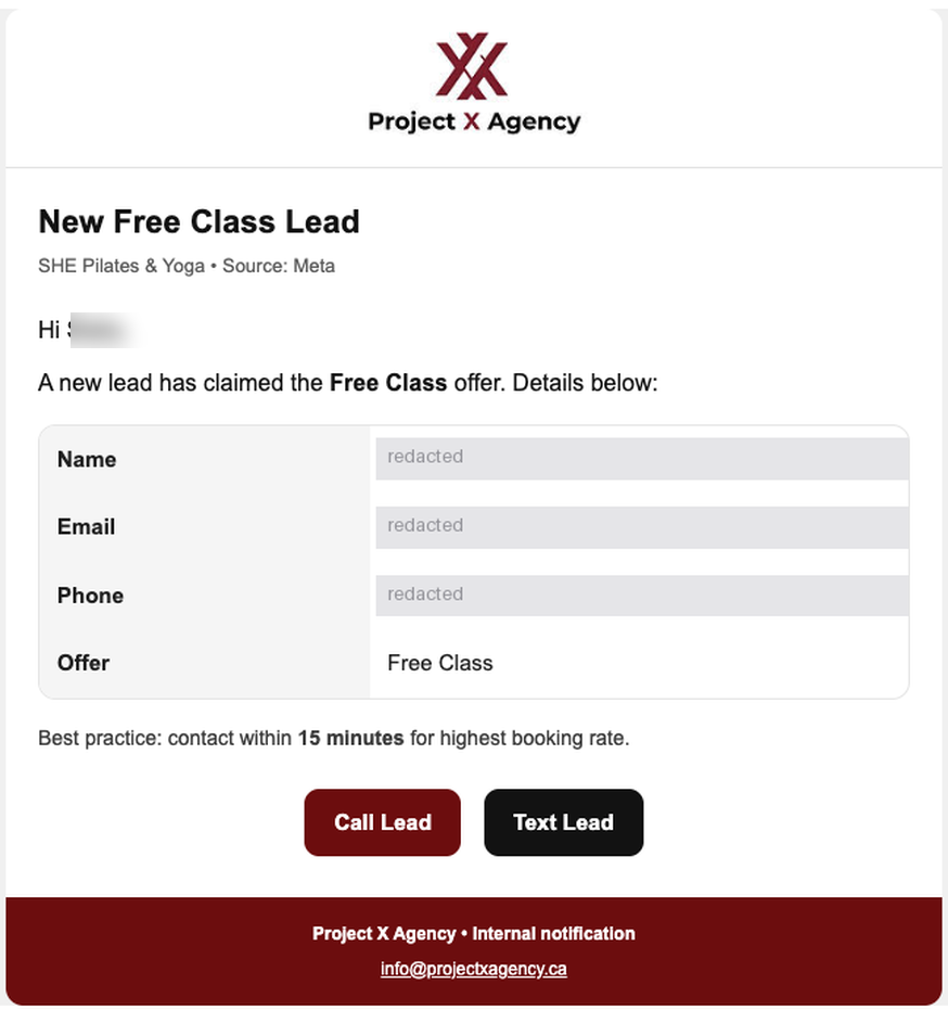 Project X instant lead alert email showing lead details and Call Lead and Text Lead buttons
